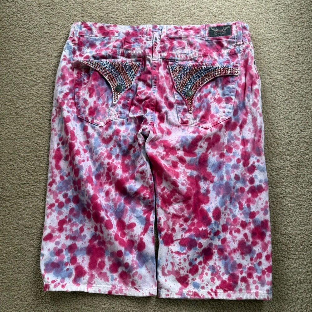 Robin's Jean Splatter Denim Shorts 38 Pink Blue Tie Dye Paint Drop Streetwear